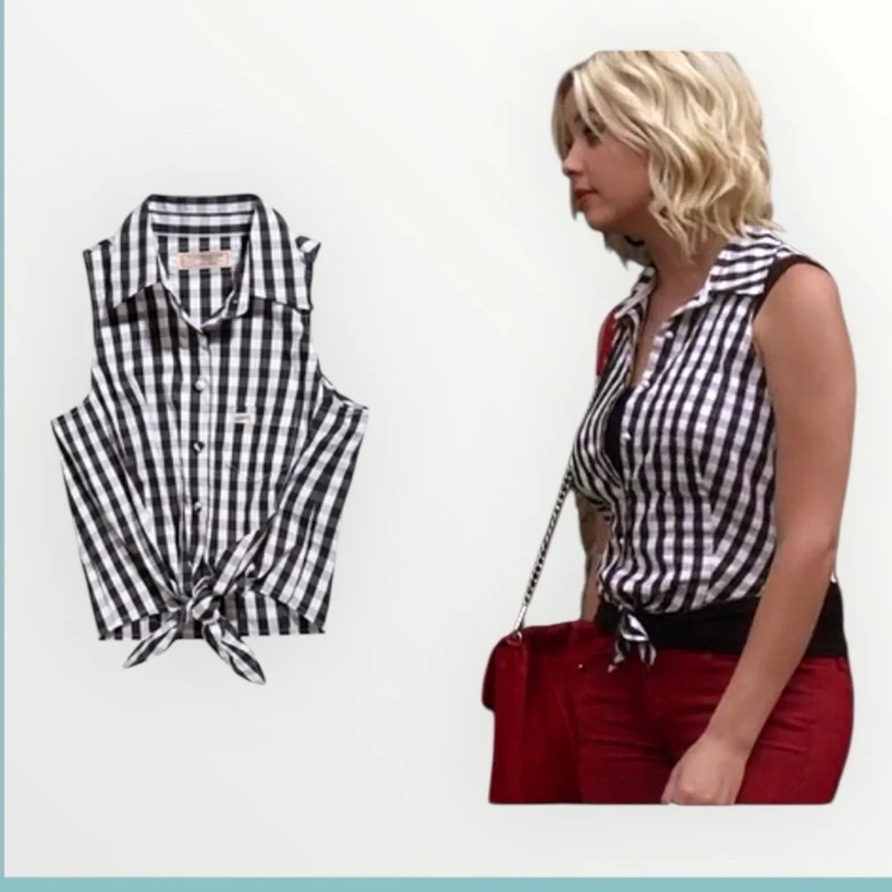 GUESS Black & White Checkered sleeveless tie-waist Women's top size medium - Picture 3 of 12